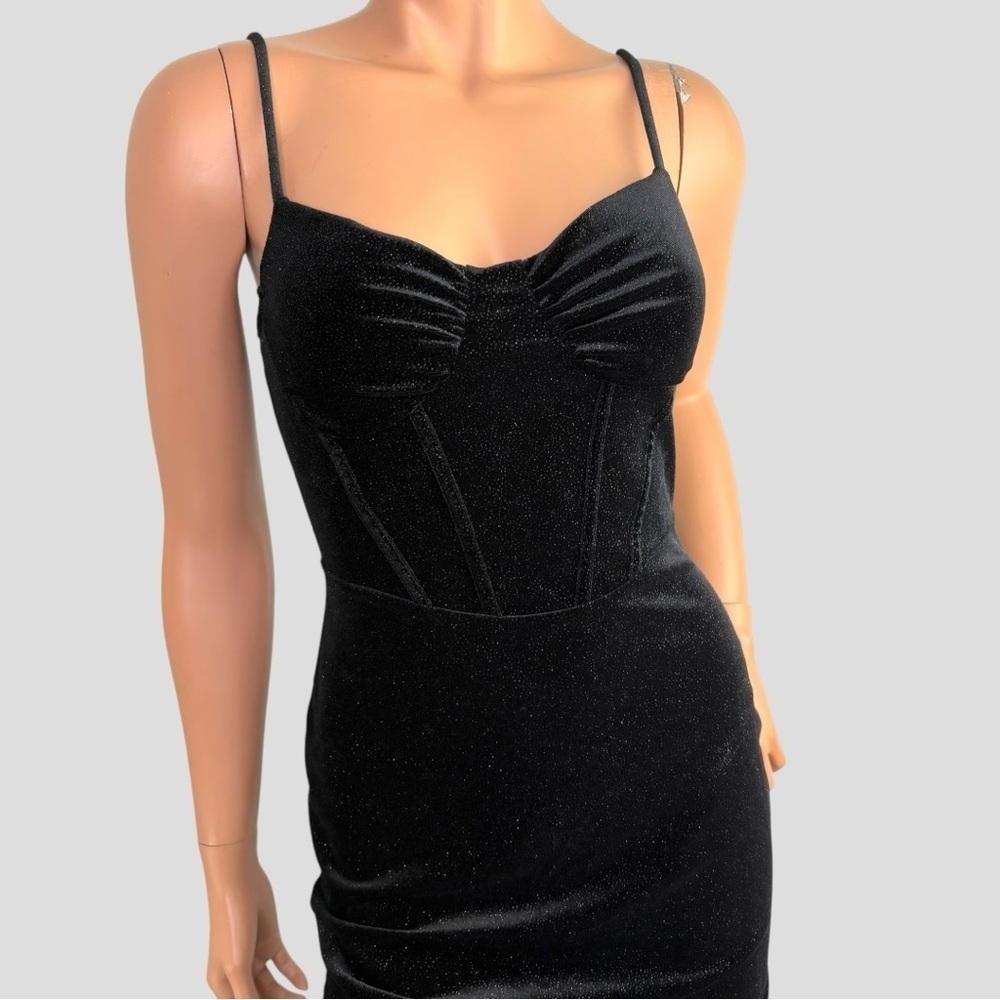 90s Black Corset Goth Prom Dress Vamp Velvet Glitter WhimsiGoth Bodycon M - Picture 2 of 11